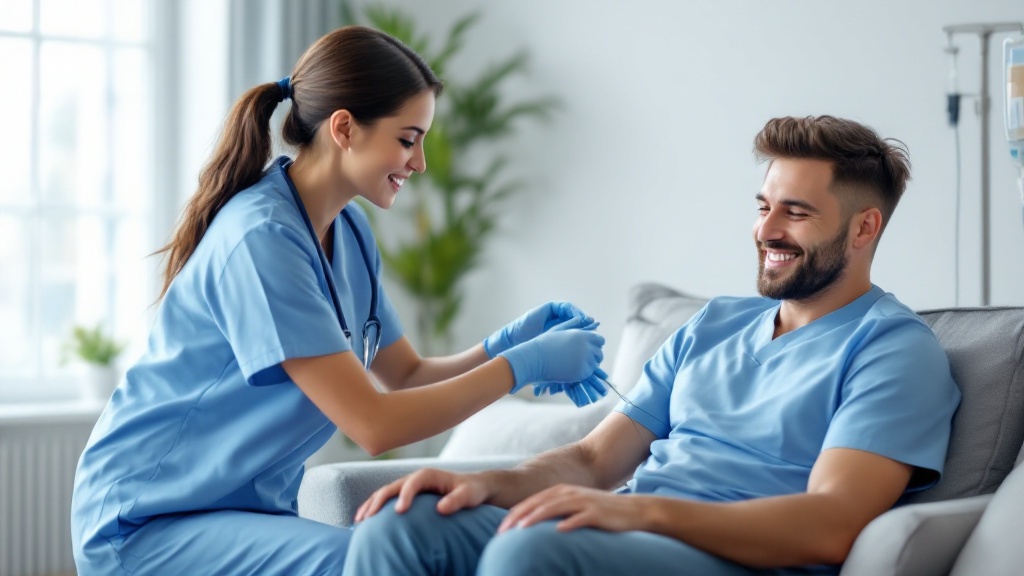 Mobile IV therapy nurse administering an IV drip to a relaxed client at home