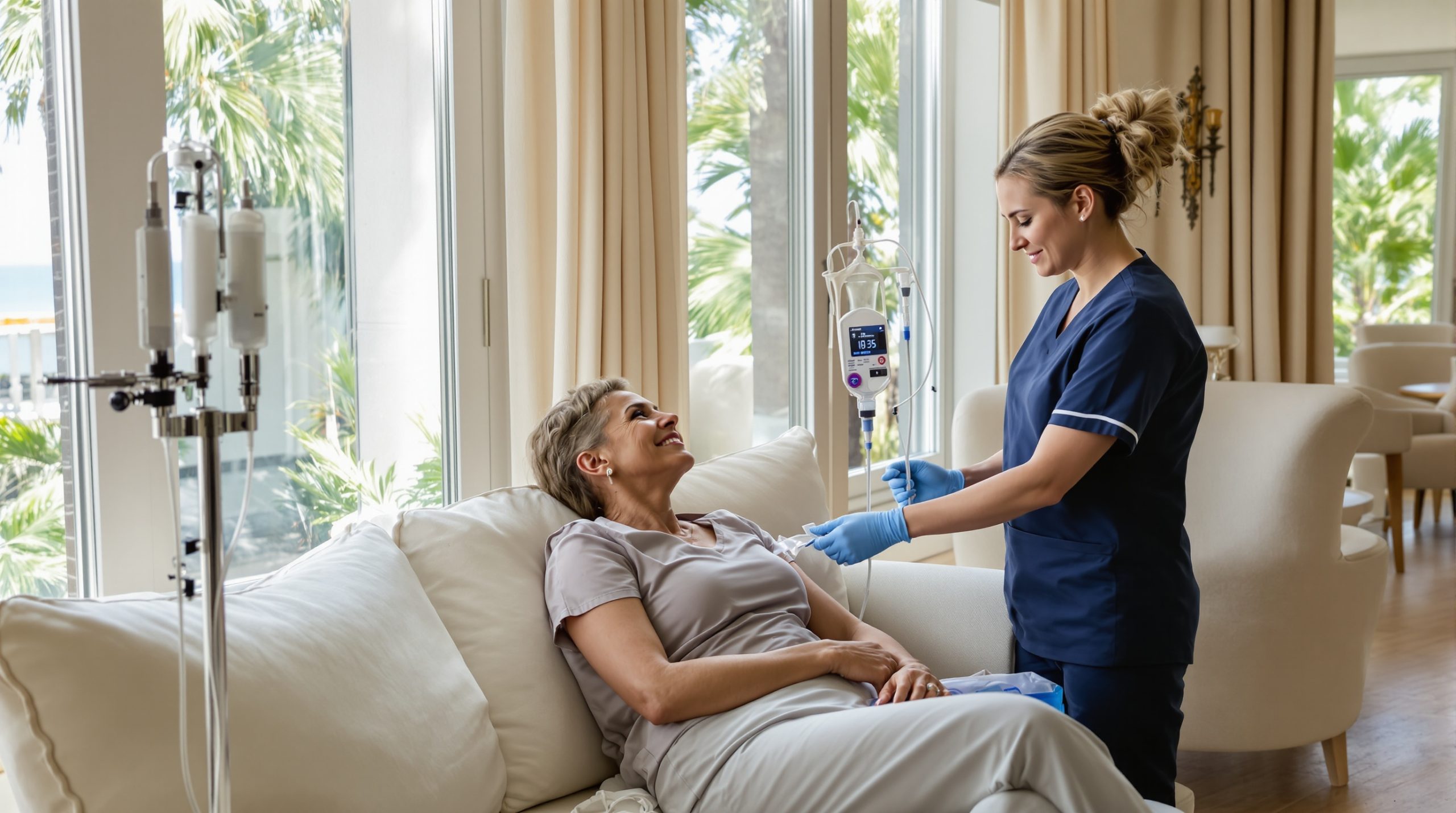Registered nurse giving a mobile IV drip at home in Fort Lauderdale