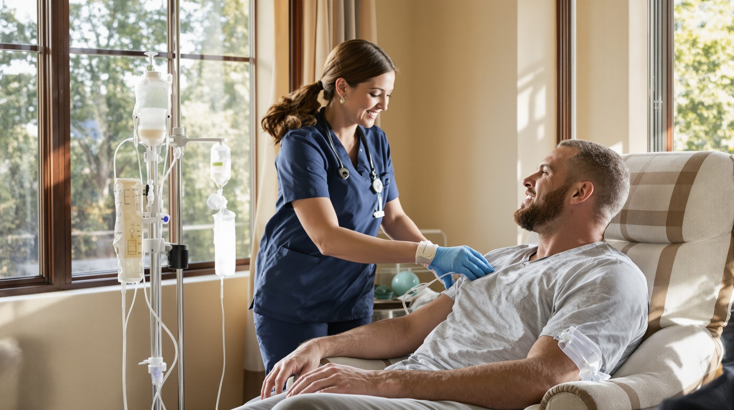 Registered nurse giving a mobile IV drip at home in Fort Worth