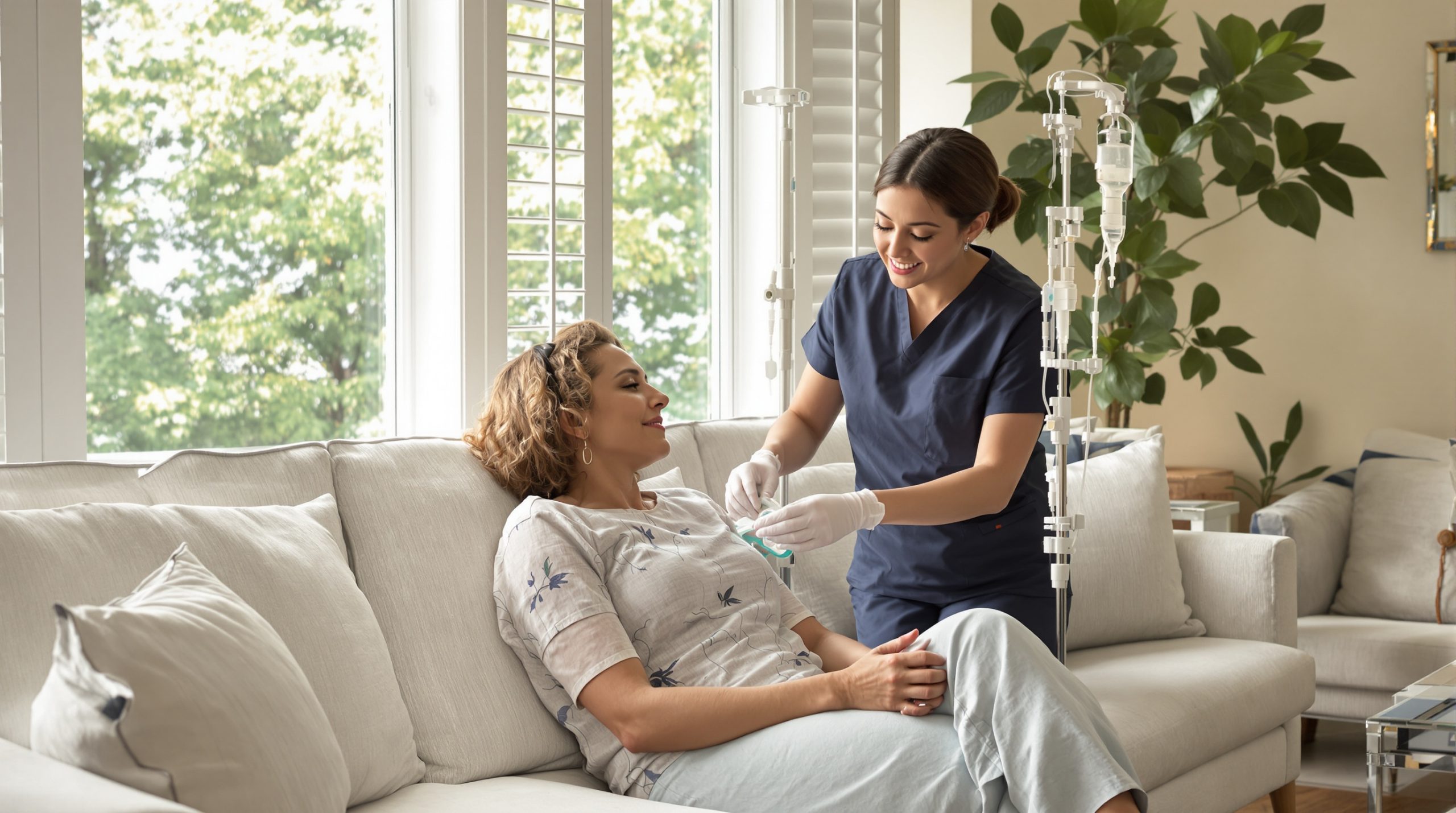Registered nurse giving a mobile IV drip at home in Greenville