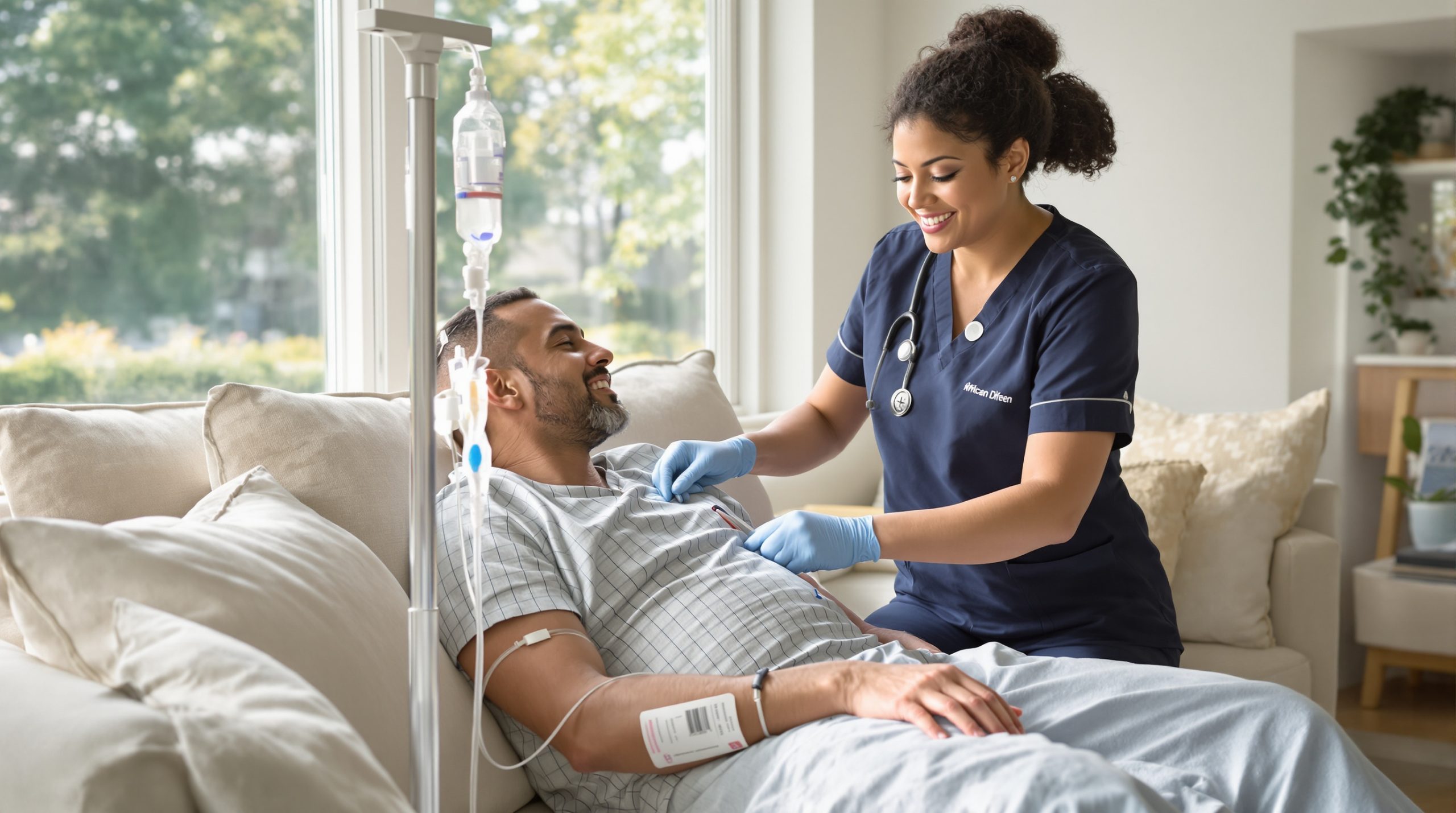 Registered nurse giving a mobile IV drip at home in Indianapolis
