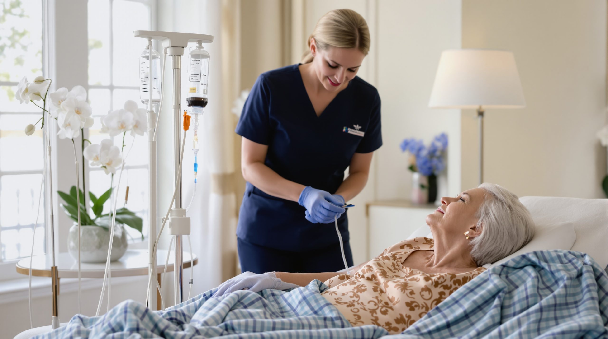 Registered nurse giving a mobile IV drip at home in Naples & Fort Myers