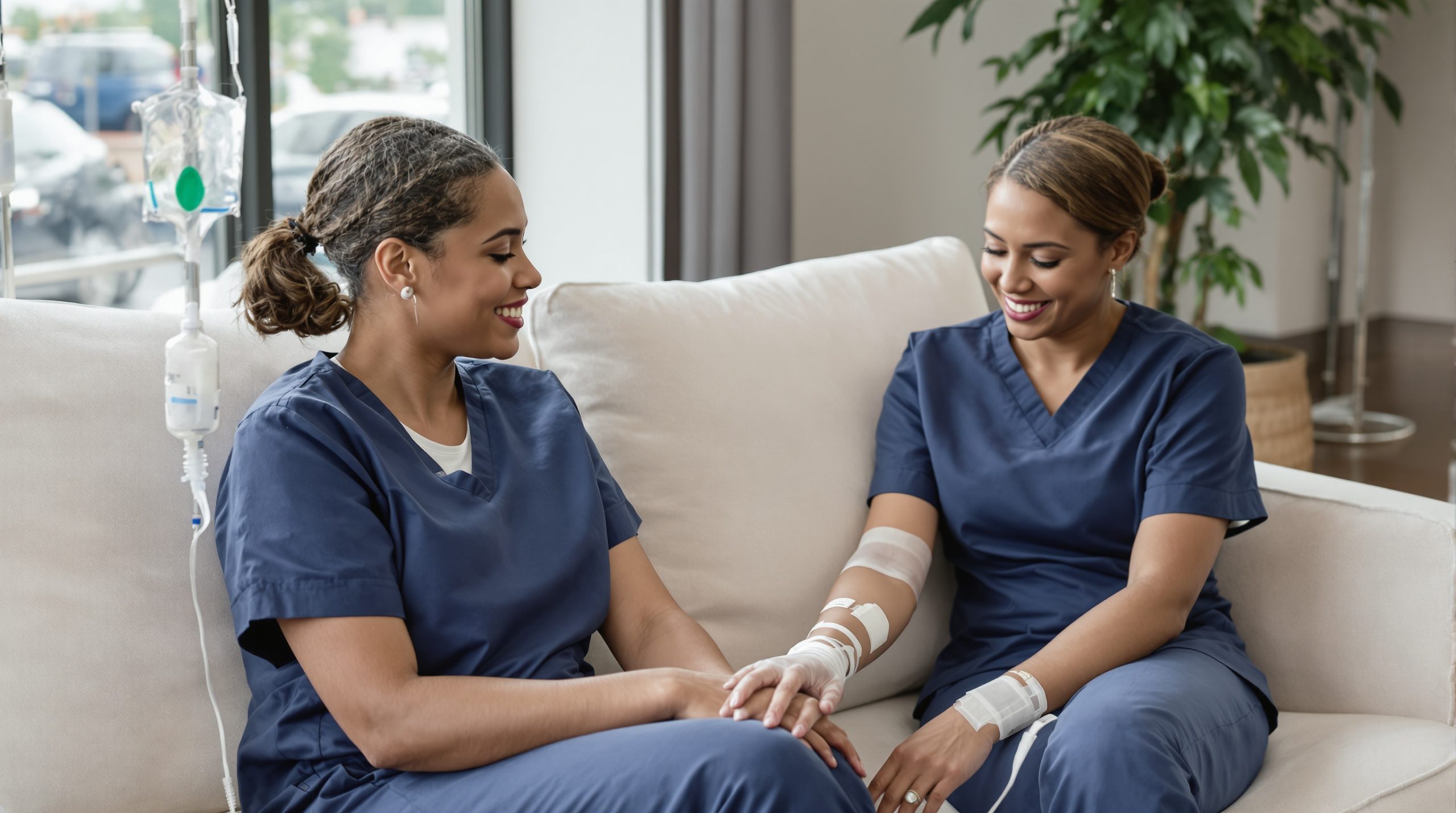 Registered nurse administering a mobile IV drip at home