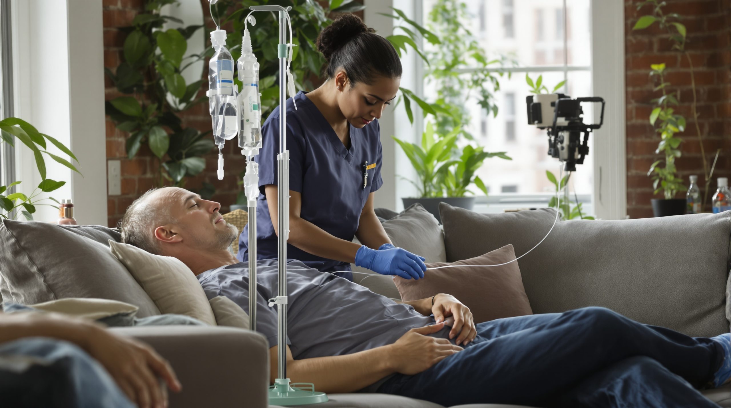 Registered nurse giving a mobile IV drip at home in Richmond