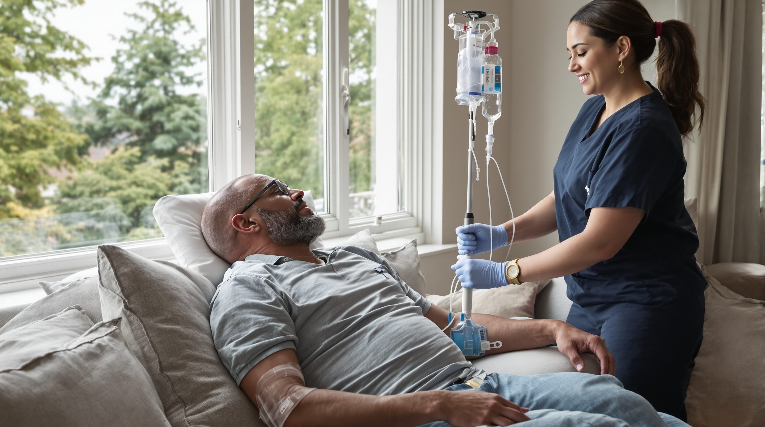 Registered nurse giving a mobile IV drip at home in Seattle