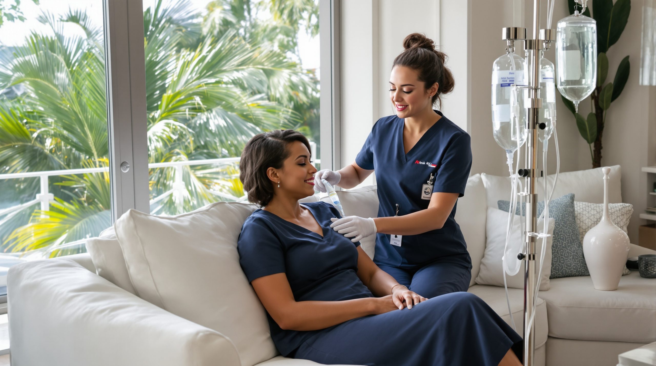 Registered nurse giving a mobile IV drip at home in West Palm Beach