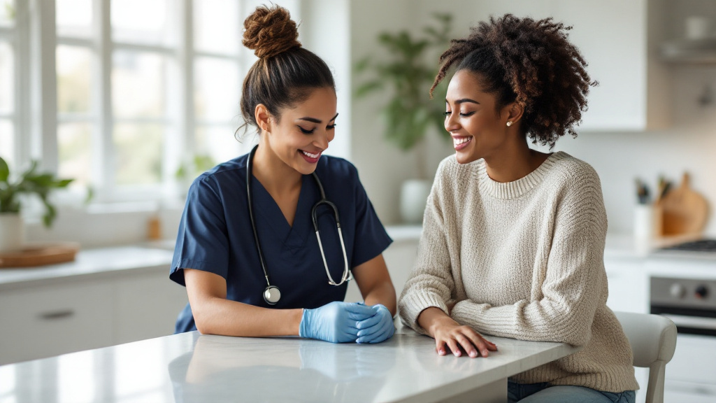 Registered nurse explaining a medical weight loss program to a client at home in the Bay Area
